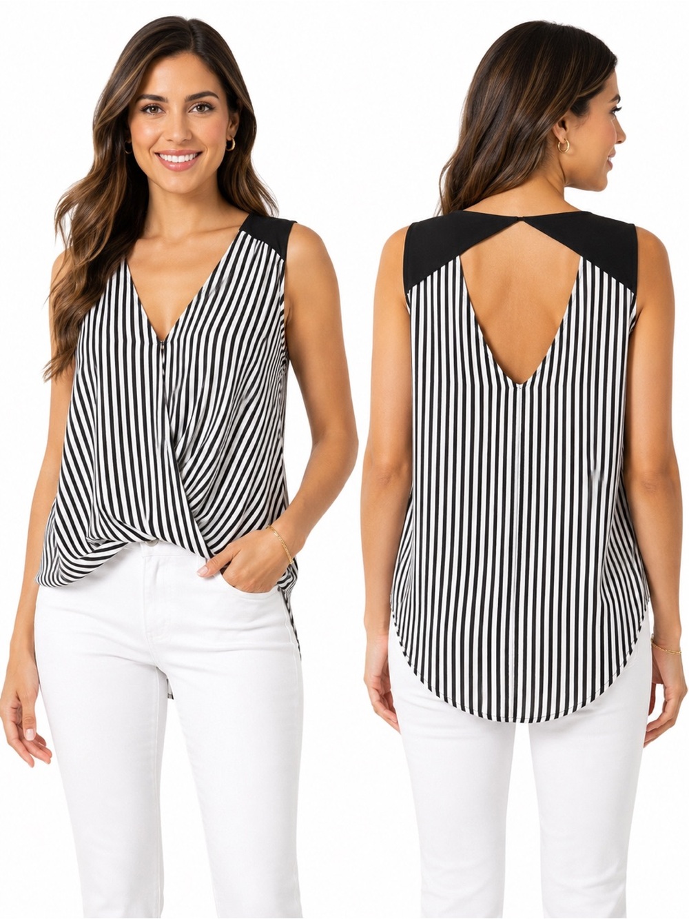 ASTR the Label Black White Stripe Wrap Front Sleeveless Top L EUC